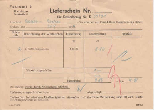 Gen.Gouv. Polen - Postamt 3 Krakau Lieferschein f. Postwertzeichen 20.10.1944