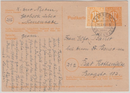 Bizone AM-Post - 6 Pfg Ganzsache + Zusatz Garbeck ü. Neuenrade Poststelle I 1946