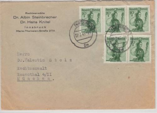 Österreich - 5x20 g Trachten Brief Innsbruck (aptiert !) - München 1949