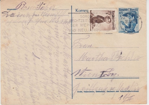 Österreich - 45g Trachten Ganzsache + Zusatz Ortskarte Wien 1951