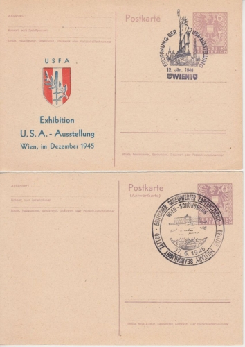 Österreich - 6 Pfg. Staatswappen 2 GA 2x blanko SST Wien 1946 USA-Ausstellung u.