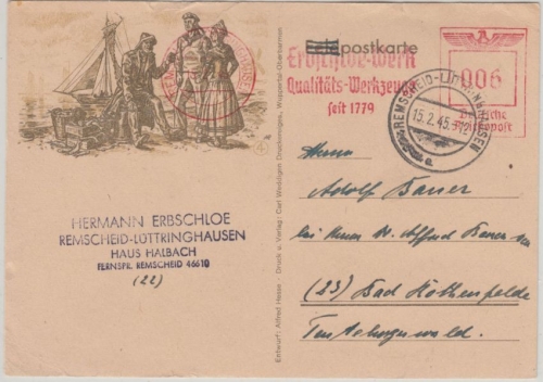 DR - Remscheid-Lüttringhausen 15.2.45 6 Pfg. AFS Erbschloe Werk illustr. Karte