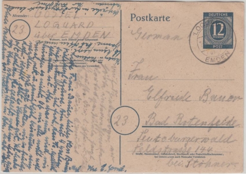 All.Bes. - Loquard ü. Emden Poststelle I 12 Pfg. Ganzsache 1946