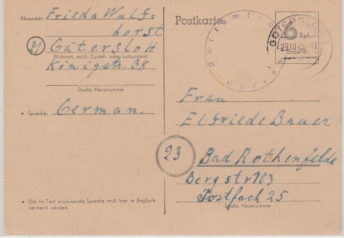 Brit. Zone - Behelfsausgabe 6 Pfg Ganzsache Gütersloh - Bad Rothenfelde 29.10.45