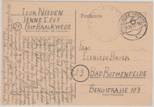 Brit. Zone - Behelfsausgabe 6 Pfg Ganzsache Brackwede - Bad Rothenfelde 10.10.45