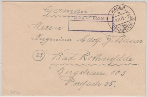 All.Bes. - Hagen ü. Osnabrück 8.11.45 Gebühr bezahlt Brief n. Bad Rothenfelde