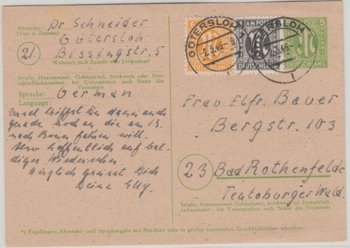 AM-Post - 5 Pfg. Ganzsache + 1+6 Pfg. Zusatz Gütersloh - Bad Rothenfelde 2.3.46