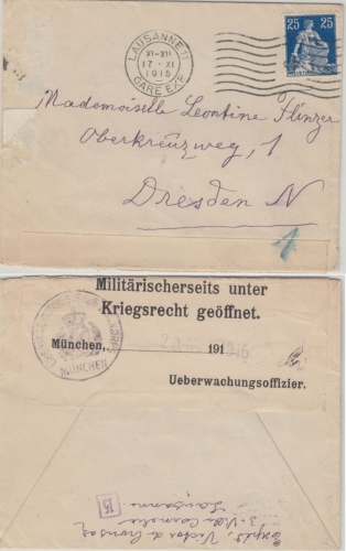 Schweiz -Militärischerseits unter Kriegsrecht geöffnet Zensurbrief Lausanne 1915