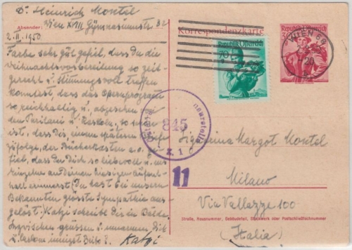 Österreich - 30g Trachten Ganzsache + Zusatz Zensurkarte n. ITALIEN Wien 1950 n.