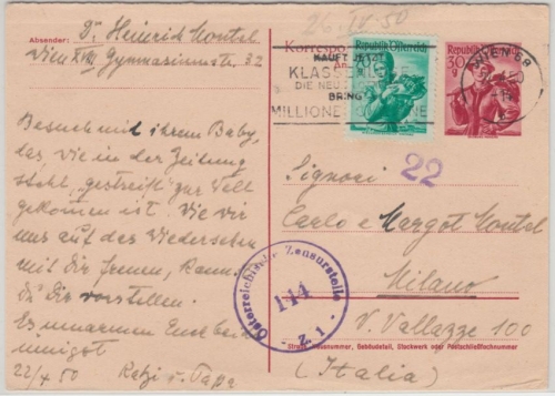 Österreich - 30g Trachten Ganzsache + Zusatz Zensurkarte n. ITALIEN Wien 22.4.50