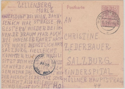 Österreich - 6 Pfg. Staatswappen Ganzsache Wien-Hadersdorf Salzburg 1946 Zensur