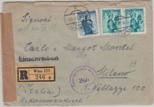 Österreich - 2 S. Paar + 10g Trachten Einschreibebrief n. ITALIEN Wien 1950 n.
