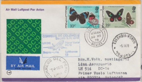 Belize - 10+35 C. Schmetterlinge LH 1st-Flug Bogota Lima 1978 Zuleitungspost RR!