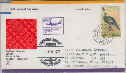 Belize - 45 C. Turkey Truthahn LH 1st-Flug London Düsseldorf 1978 Zuleitungspost