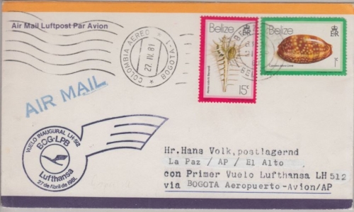 Belize - 15+1 C. Muscheln LH 1st-Flug Bogota La Paz 1981 seltene Zuleitungspost