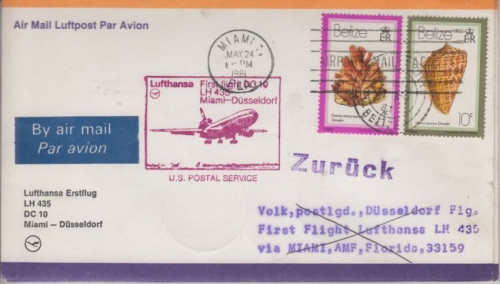 Belize - 10+4 C. Muscheln LH 1st-Flug Miami Düsseldorf 1981 Zuleitungspost !!