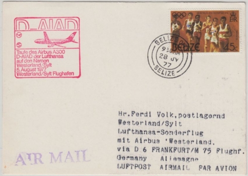 Belize - 45 C. Olympia Montreal LH Sonderflug n. Westerland 1977 Zuleitungspost