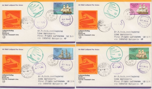St. Lucia - 1 $ Segelschiff u.a. LH 1st-Flug Caracas Lima 1976 4x Zuleitungspost