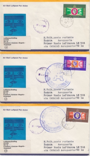 St. Lucia - 40 C. u.a. Silver Jubilee 2x LH 1st-Flug Caracas Bohota 1977