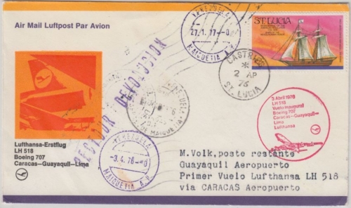 St. Lucia - 1/2 C. Segelschiff LH 1st-Flug Caracas Lima 1976 Zuleitung Etappe !!