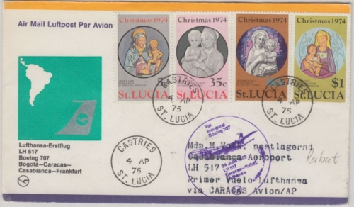 St. Lucia - Weihnachten 1974 Satz LH 1st-Flug Caracas Rabat 1975 Zuleitungspost