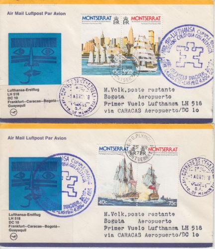 Montserrat - 200 Y USA Independance Zuleitungspost LH 1st-Flug Caracas Bogota