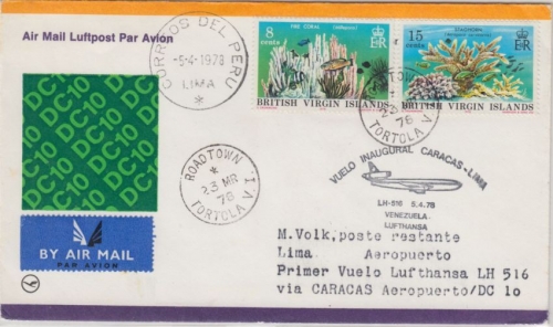 British Virgin Island - 8+15 C. Korallen LH 1st-Flug Caracas Lima 1978 Zuleitung