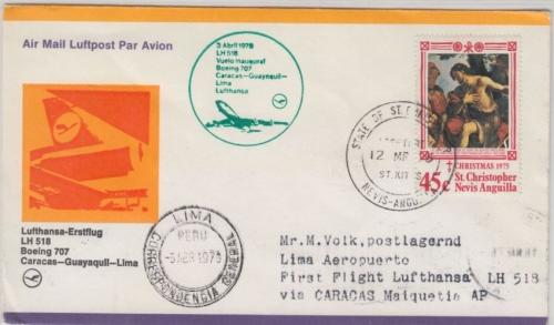 St. Kitts-Nevis - 45 C. Christmas LH 1st-Flug Caracas Lima 1976 Zuleitungspost !