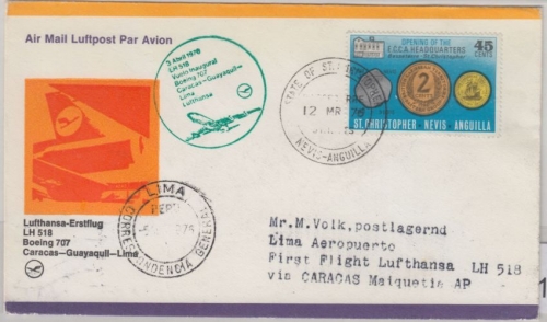 St. Kitts-Nevis - 45 C. ECCA LH 1st-Flug Caracas Lima 1976 Zuleitungspost !