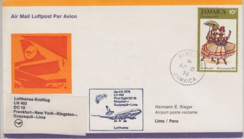 Jamaica - 10 C. Weihnachten Lufthansa 1st-Flug Kingston Lima 1976