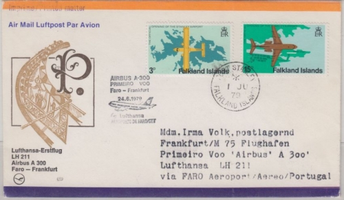 Falkland Island - 3+15 P Stanley Airport LH 1st-Flug Faro FFM 1979 Zuleitung !