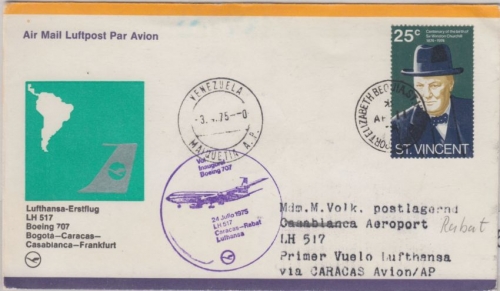St. Vincent - 25 C. Churchill LH-1st-Flug Caracas Rabat 1975 Zuleitungspost