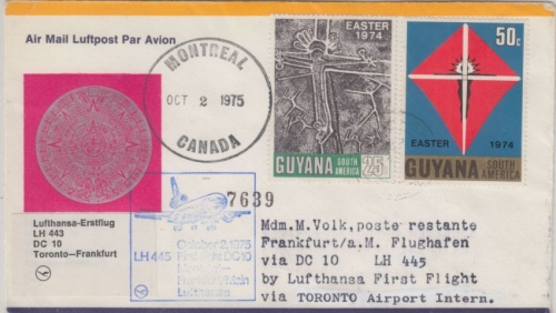 Guyana - 50+25 C. Easter Ostern LH-1st-Flug Montreal - FFM 1975 Zuleitungspost