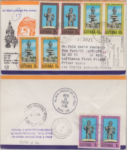 Guyana - Cuffy Denkmal Satz 2x LH-1st-Flug Bogota New York 1978 Zuleitungspost