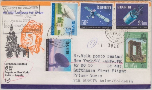 Guyana - Intelsat Satz u.a. LH-1st-Flug Bogota New York 1978 Zuleitungspost