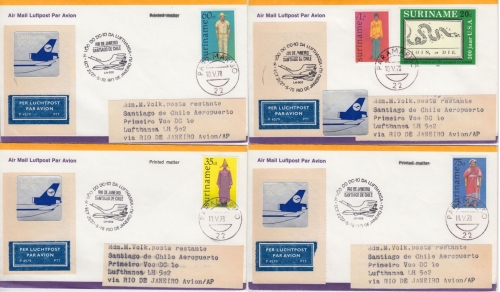 Suriname - Zuleitungspost LH-1st-Flug Rio - Santiago 1978 4 Luftpostbriefe