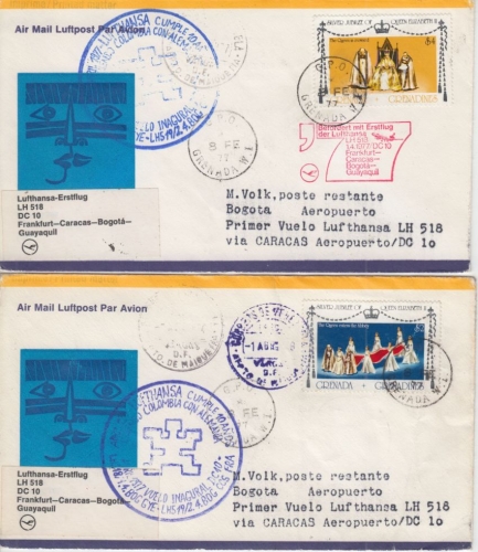 Grenada Grenadines 2+3 $ Silver Jubilee Zuleitungspost LH-1st-Flug 1977