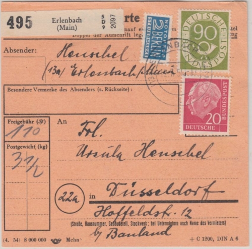 BRD - 90+20 Pfg. Posthorn/Heuss Paketkarte Erlenbach - Düsseldorf 1954