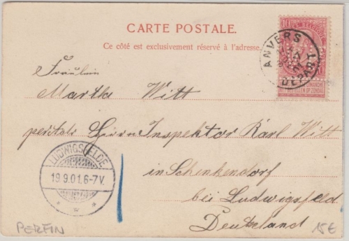 Belgien - 10 C. Leopold II Perfin VF Karte Antwerpen - Ludwigsfelde 1901