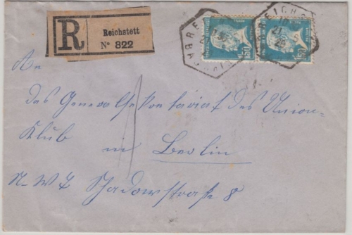 Frankreich - 2x1,50 F. Pasteur Einschreibebrief Reichstett - Berlin 1928
