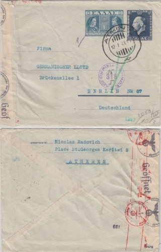 Griechenland - 1+8 Dr. Ganzsache Zensurbrief Athen - Berlin 1941 Doppelzensur