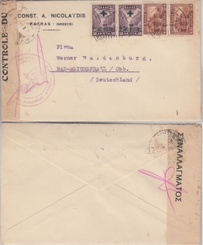 Griechenland - 2x4 Dr. Freimarke u.a. Zensurbrief Patras - Bad Reichenahll 1937