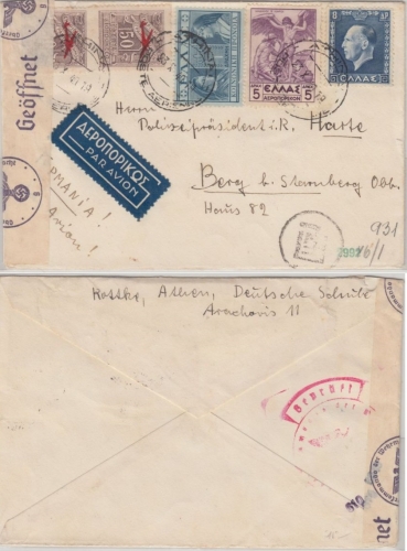 Griechenland - 5 Dr. Dädalus Ikarus u.a. Luftpost Zensurbrief Athen 1940 n. Berg