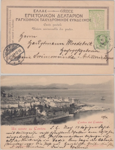 Griechenland - 5 L. Bildganzsache + Zusatz Corfu - Swinemünde 1900