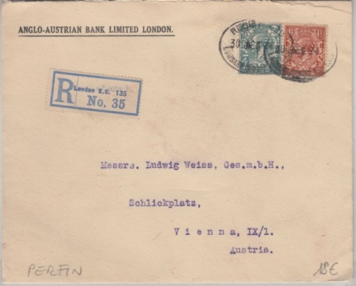 Großbritannien - 4+1 1/2 P. George V. Perfin AAB Einschreibebrief n. ÖSTERREICH