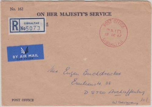 Gibraltar - Post Office 1967 Luftpost Einschreibebrief n. Aschaffenburg