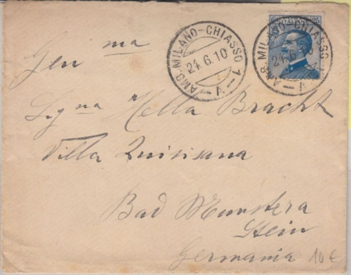 Italien - Amb. Milano - Chiasso 1910 Bahnpost Brief n. Bad Münster a. Stein