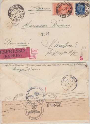 Italien - 2,50 L. Espresso u.a. Eilbrief Meran München 1941 dt. Zensurverschluss