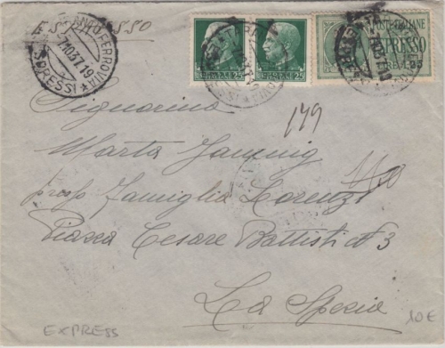 Italien - 1,25 L. Espresso u.a. Eilbrief Taranto - La Spezia 1937