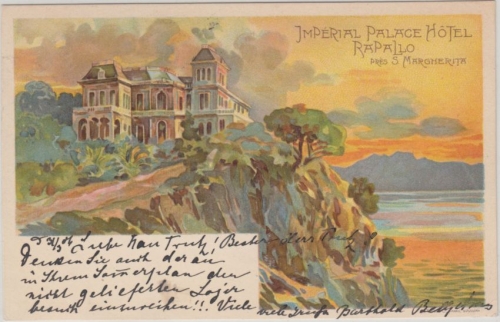 Italien - Rapallo Imperial Palace Hotel farbige Künstlerkarte gelöaufen 1906